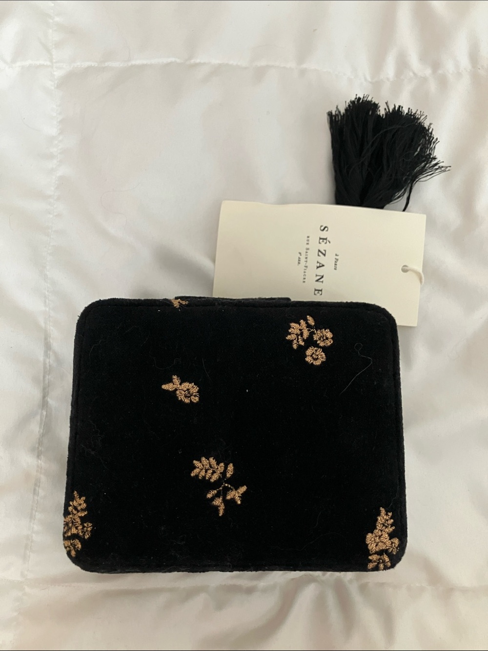 Sezane Black Velvet Floral Embroidered Jewelry Case, Large